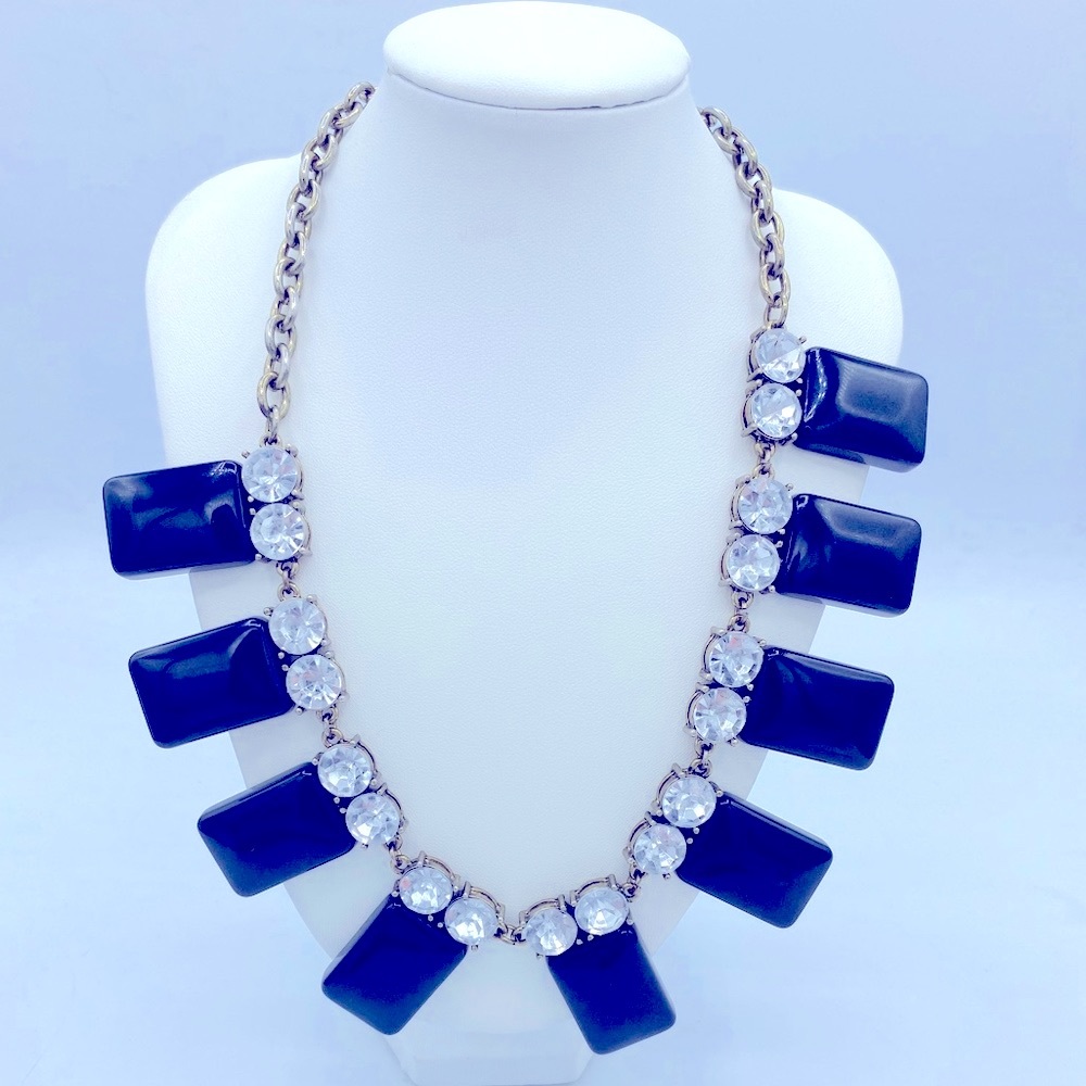 J Crew Chunky Black Glass Stone & Rhinestone Gold/Brass Tone Statement Necklace